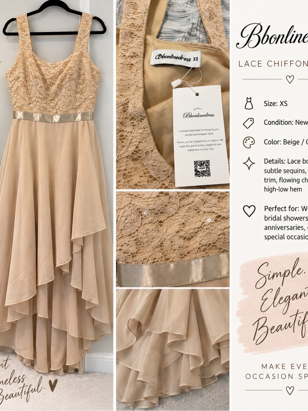 Beige Lace Chiffon High-Low Dress - XS